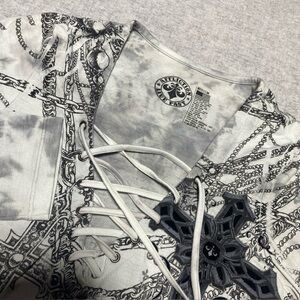 Affliction Top Womens Medium Black AOP Lace Gothic Biker UFC MMA Cross